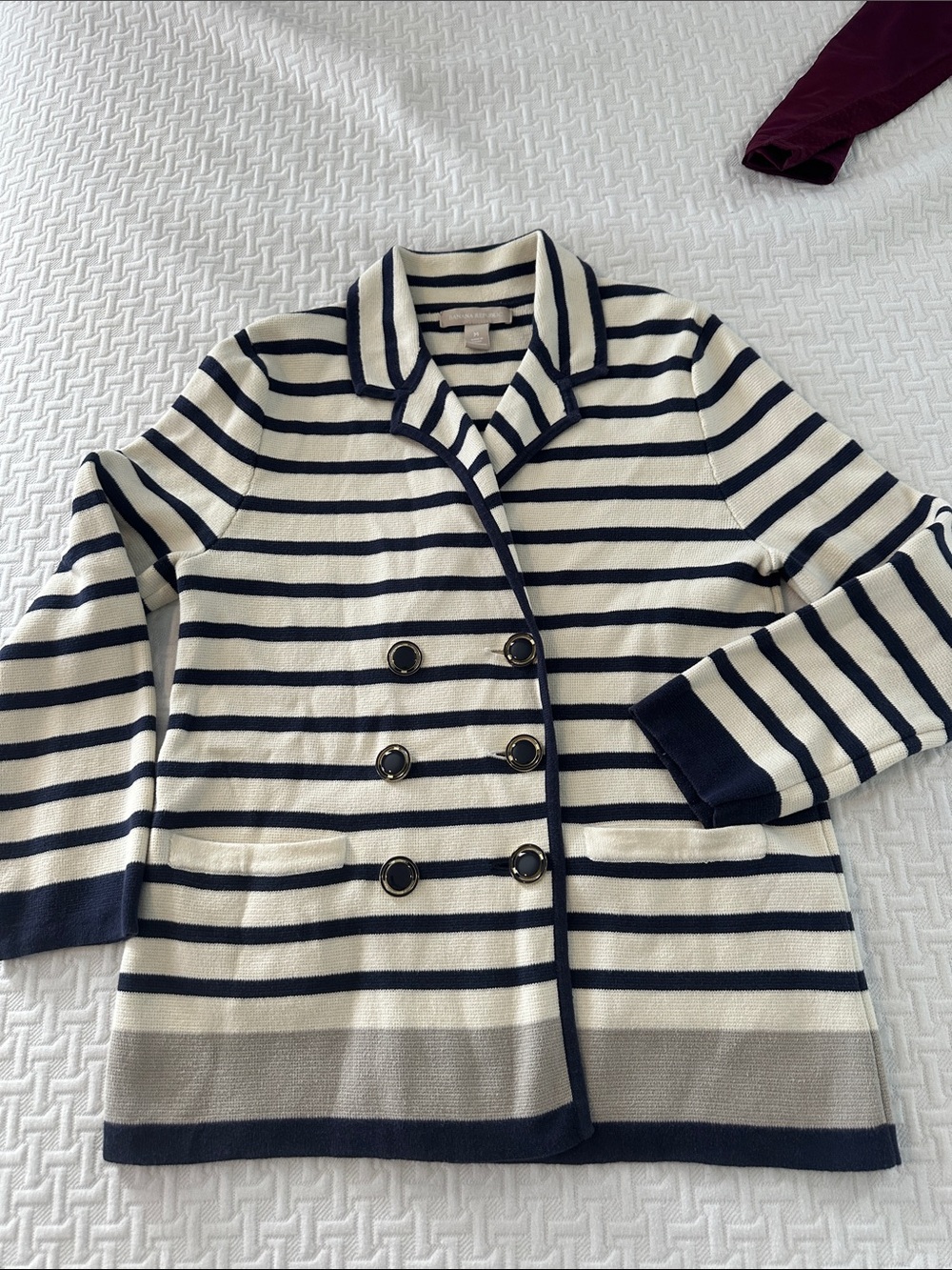 Banana Republic Navy and Cream Striped Double-Breasted sweater M